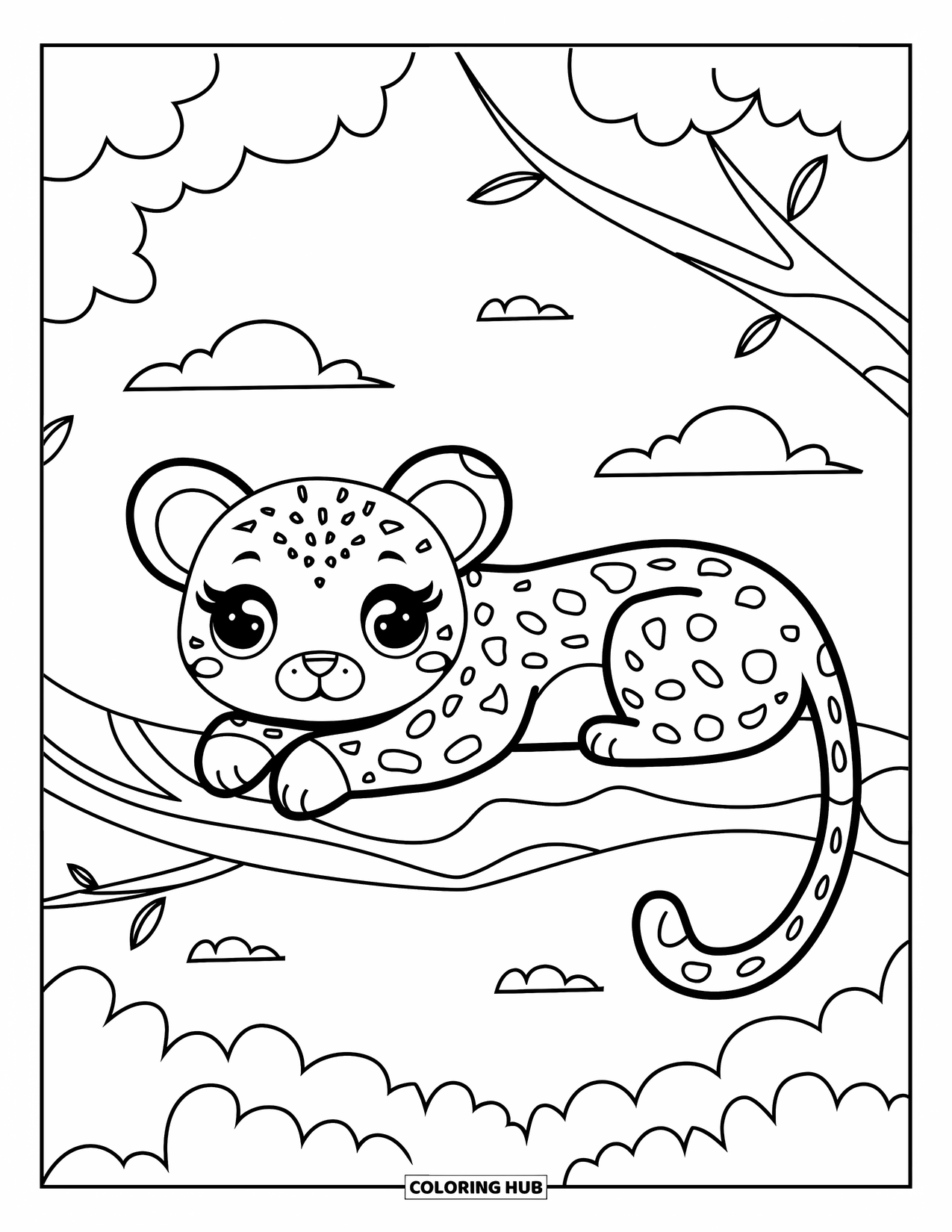 African Animals Coloring Page for Kids: A spotted leopard lounges in a tree with a curled tail and soft clouds above