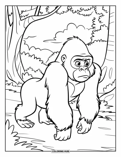 Kleurplaat van afrikaanse dieren voor kinderen: Een sterke gorilla loopt over een bospad met bomen aan weerszijden