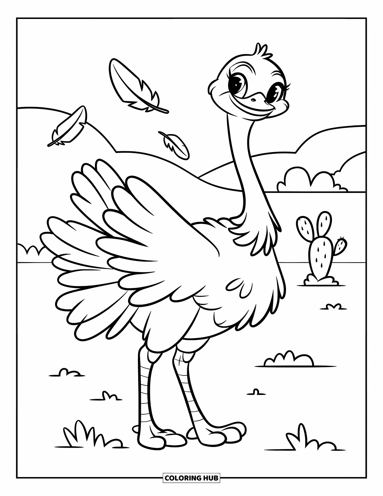 African Animals Coloring Page for Kids: A tall ostrich stands fluffing its wings on the open savannah