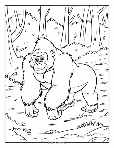 Kleurplaat van afrikaanse dieren voor kinderen: Een peinzende gorilla loopt langzaam onder hoge bomen in het bos