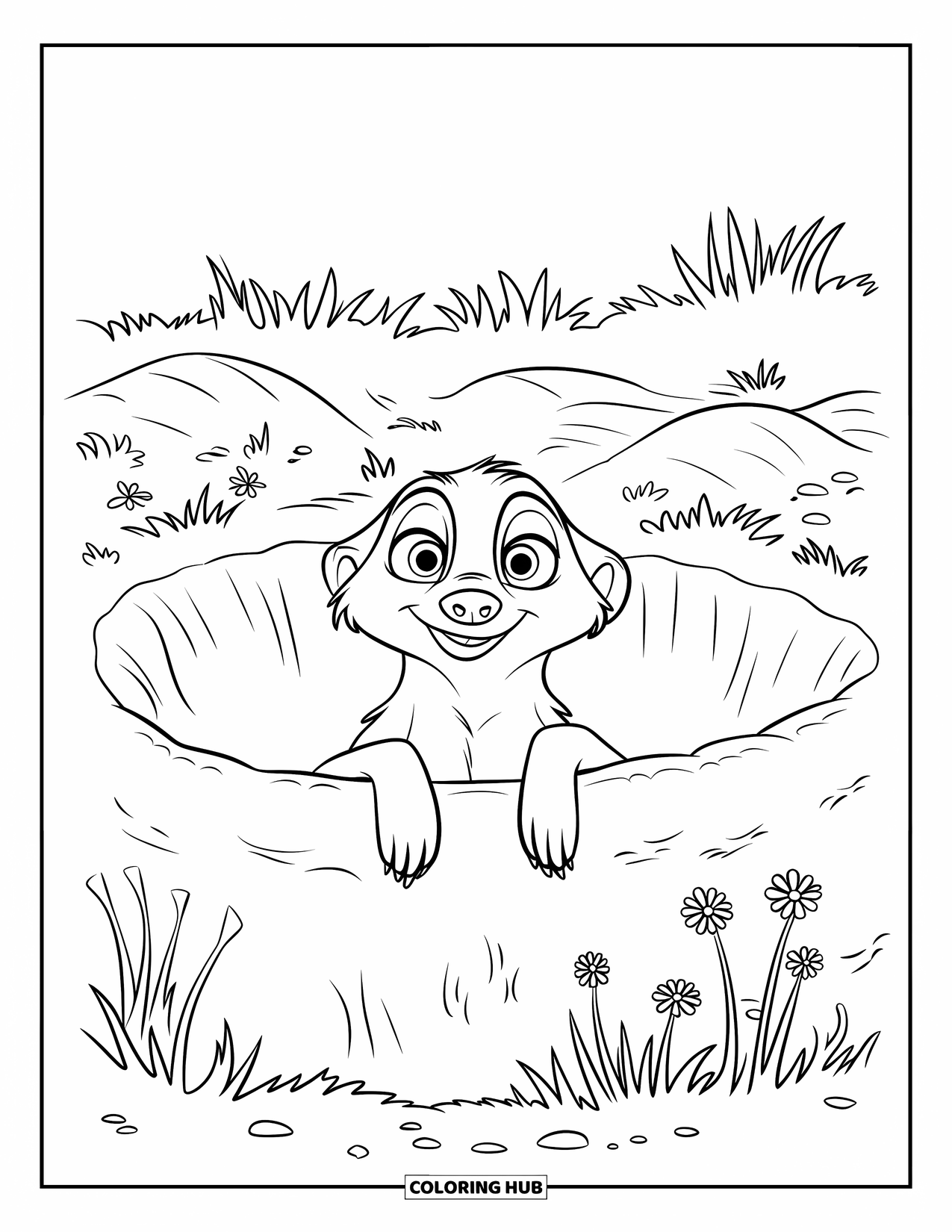 African Animals Coloring Page for Kids: A watchful meerkat peers out from its cozy burrow among dirt mounds and flowers