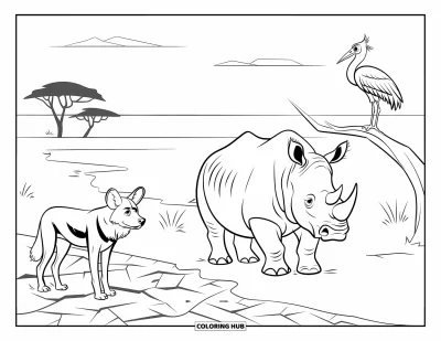Kleurplaat van afrikaanse dieren voor kinderen: Een wilde hond, neushoorn en ooievaar pauzeren in de droge savanne onder een wijde lucht