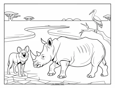 Kleurplaat van afrikaanse dieren voor kinderen: Een wilde hond bewaakt de savanne terwijl een neushoorn en ooievaar rustig voorbijkomen