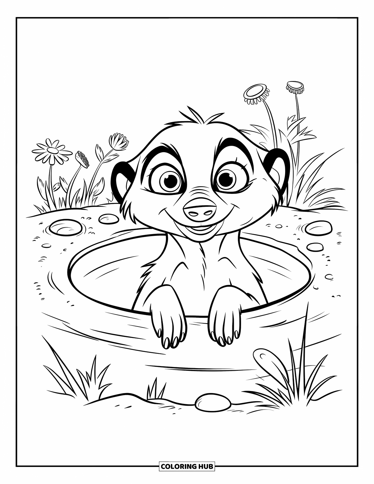 African Animals Coloring Page for Kids: An alert meerkat peeks from its burrow with wide eyes and perked-up ears