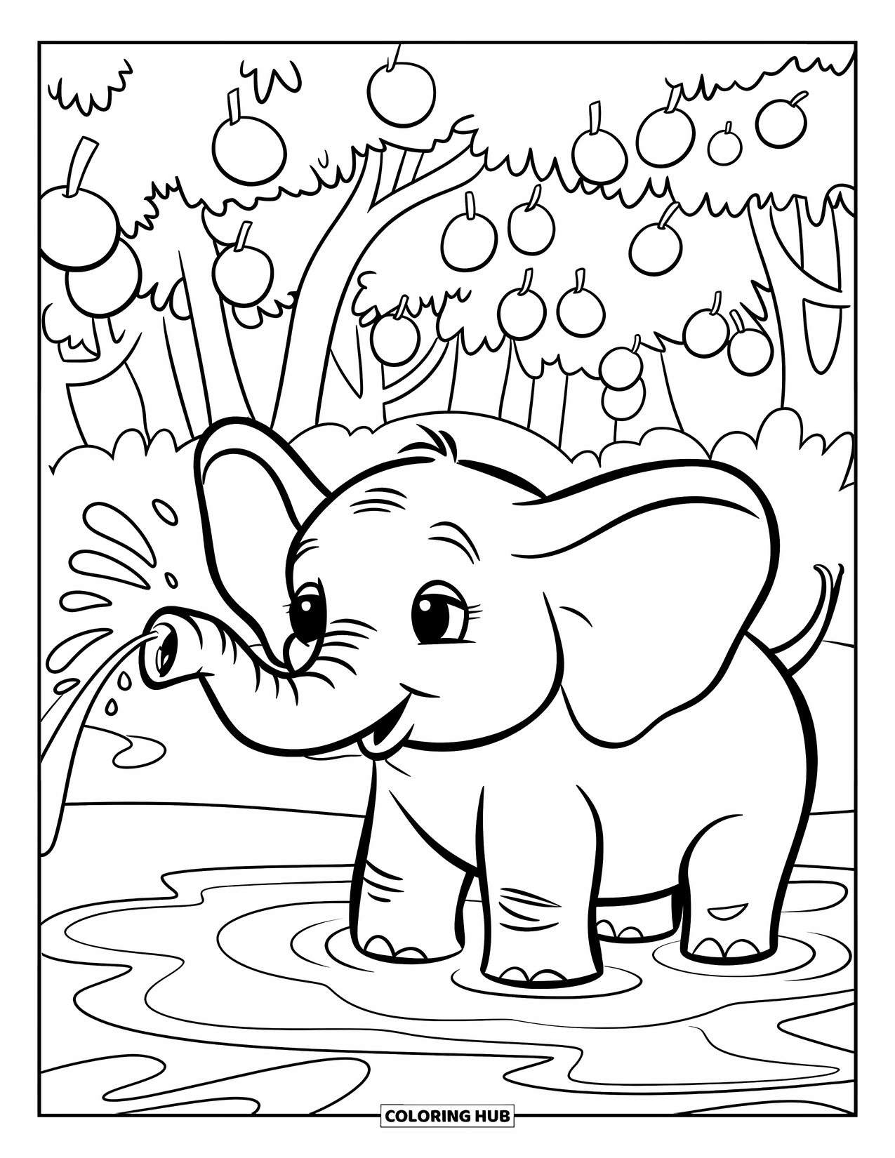 African Animals Coloring Page for Kids: An elephant splashes water joyfully from its trunk in a quiet forest pond