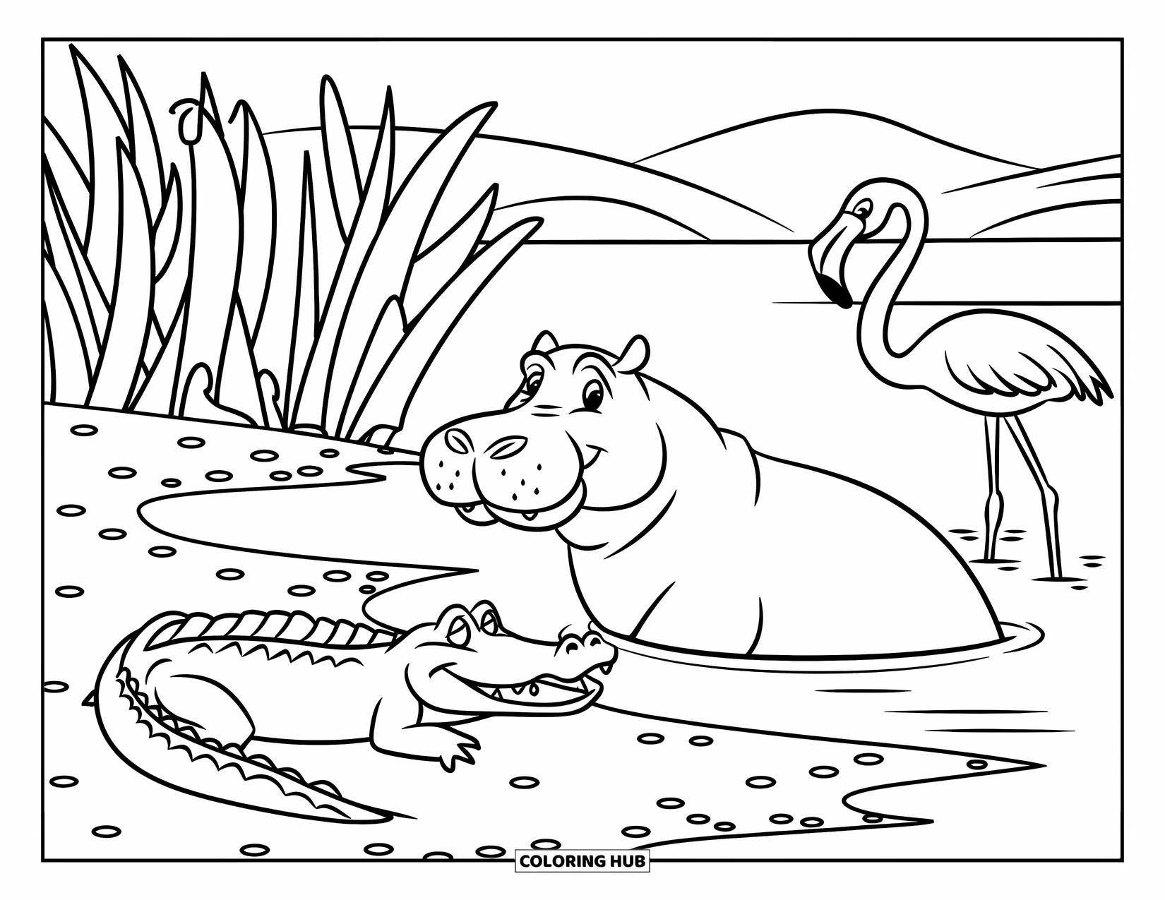 African Animals Coloring Page for Kids: By the riverbank, a crocodile rests while a hippo and flamingos stay nearby