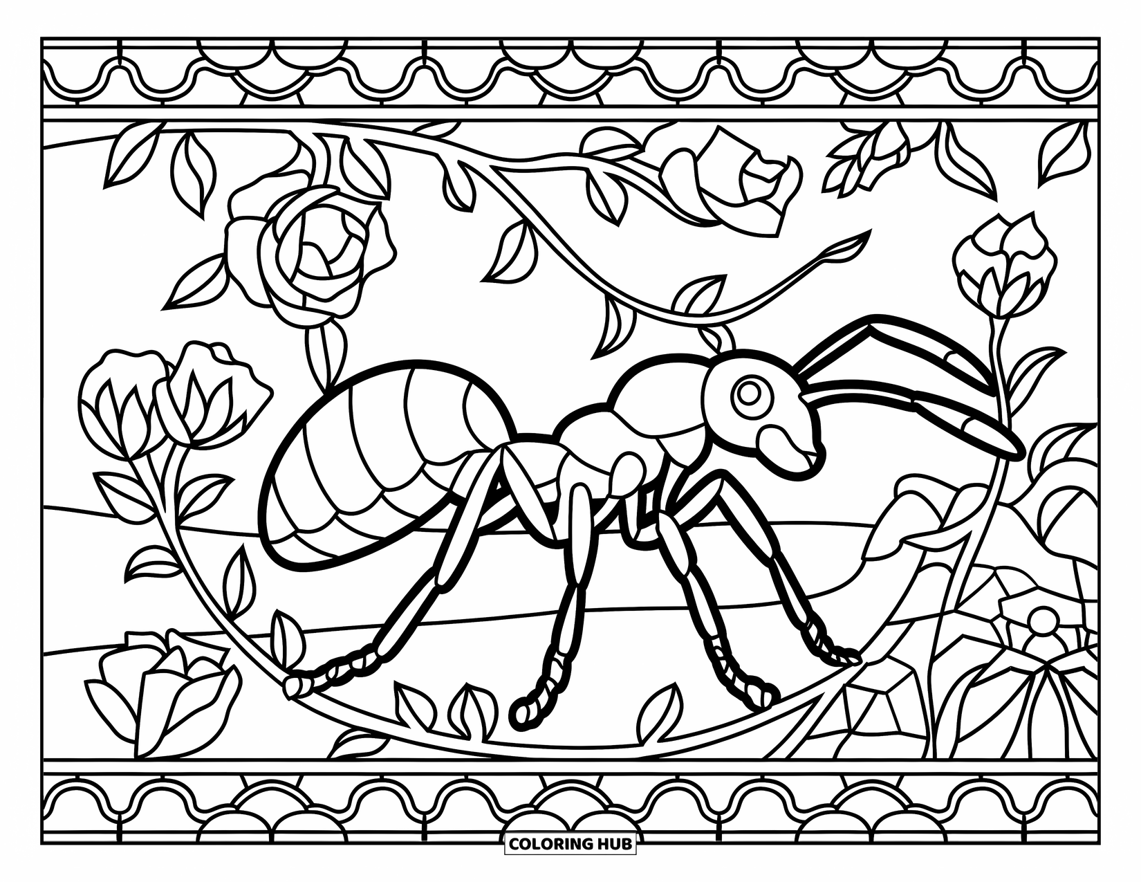 Ant Coloring Page for Adults: A graceful ant sits among roses in a blooming garden