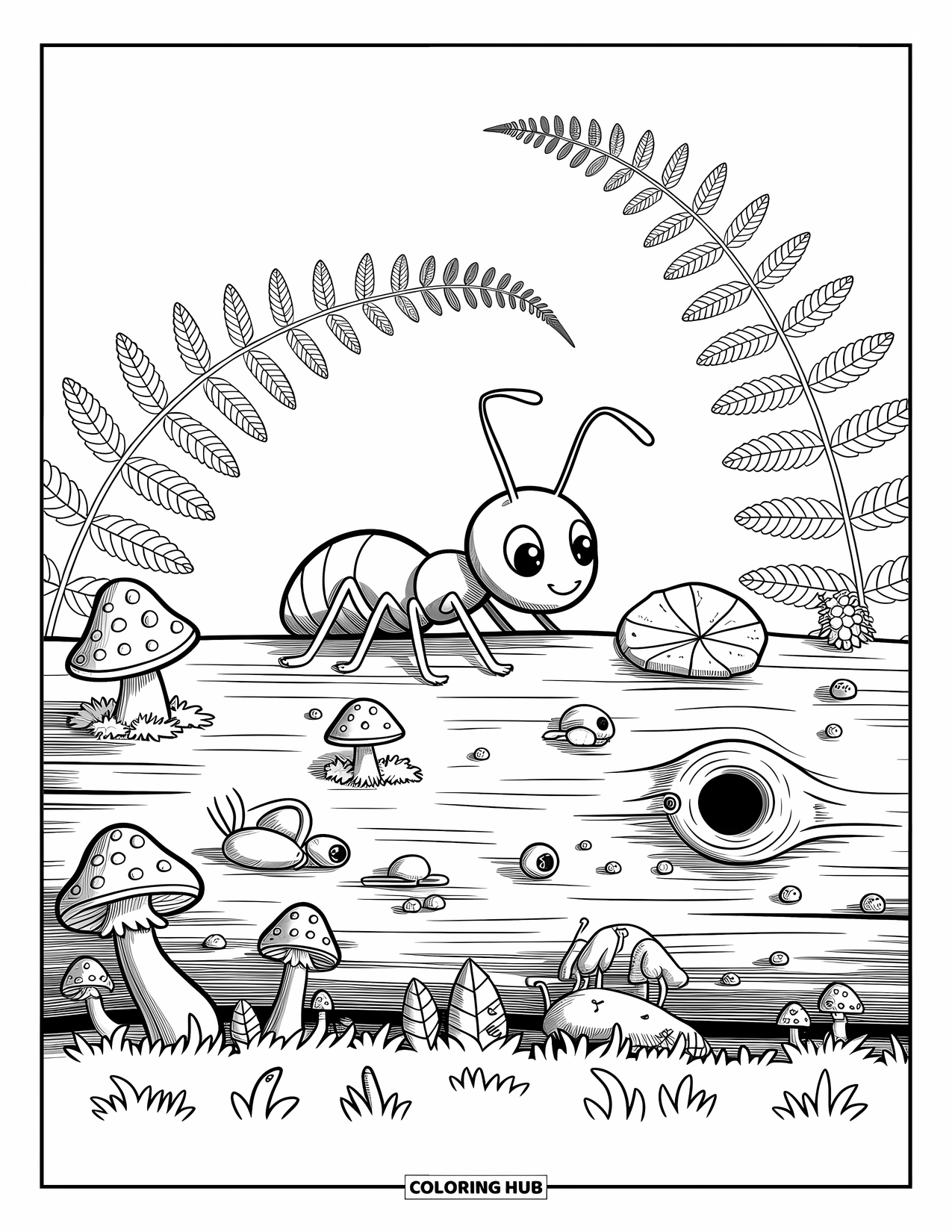 Ant Coloring Page for Adults: A tiny ant with a leaf map explores a mossy log world
