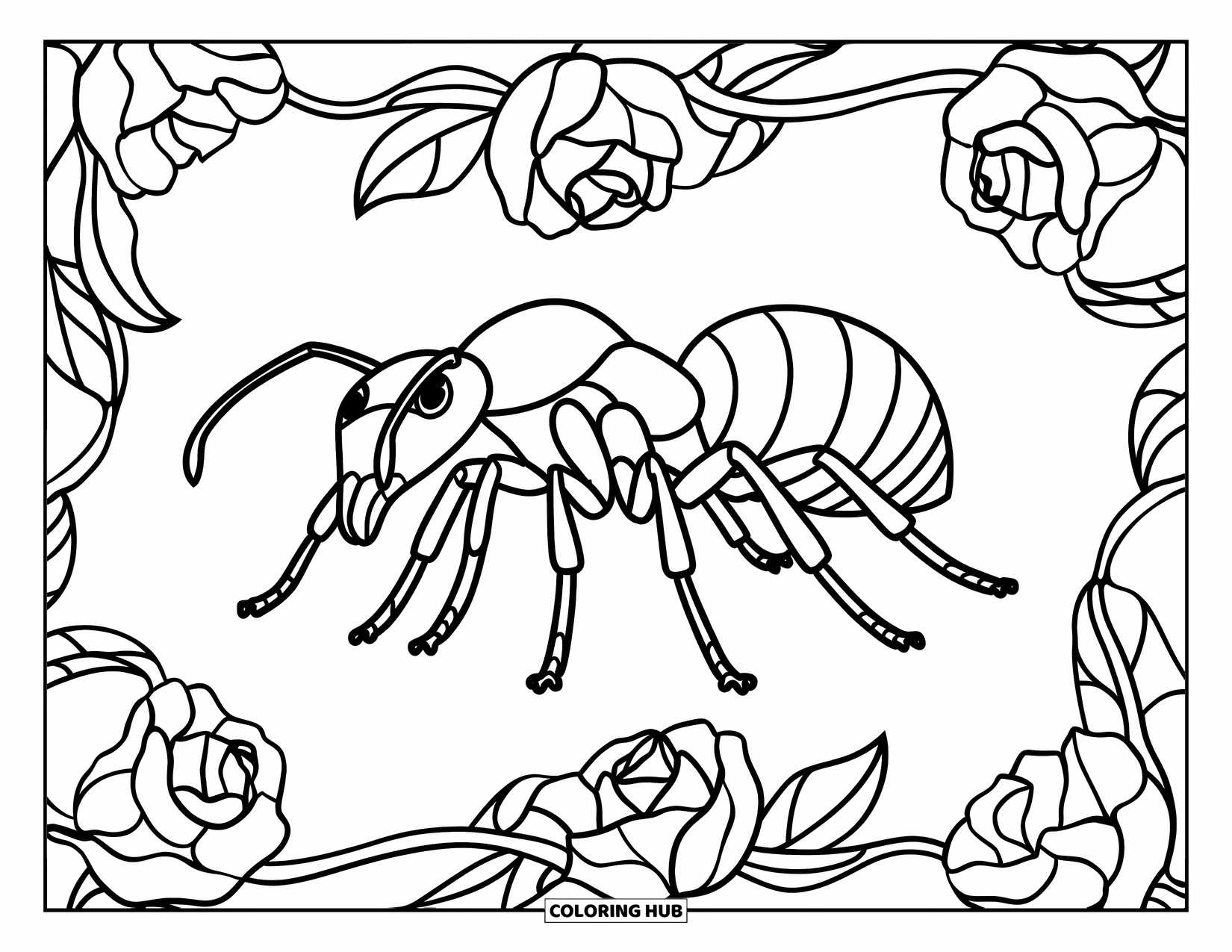 Ant Coloring Page for Adults: An elegant ant rests among curling rose vines