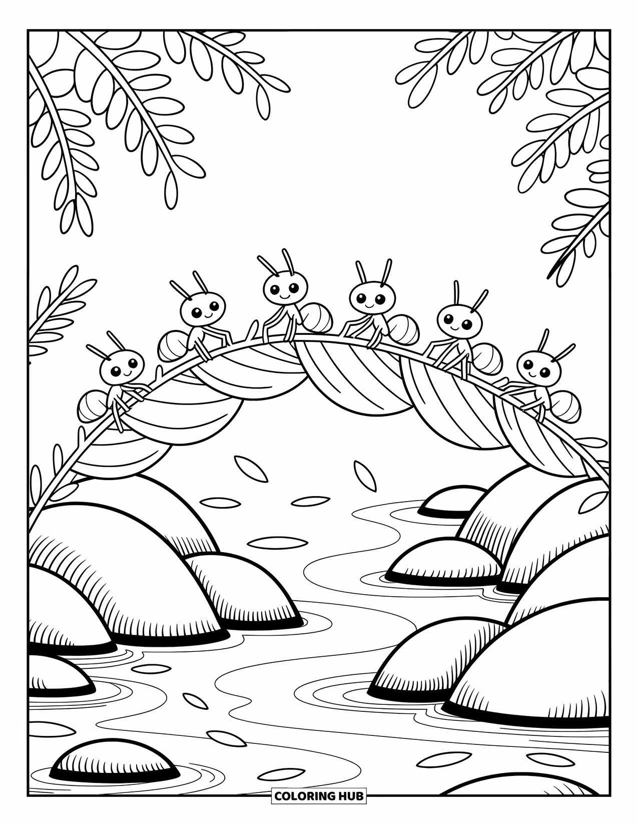 Ant Coloring Page for Adults: Ants carry leaves and twigs to craft a tiny bridge