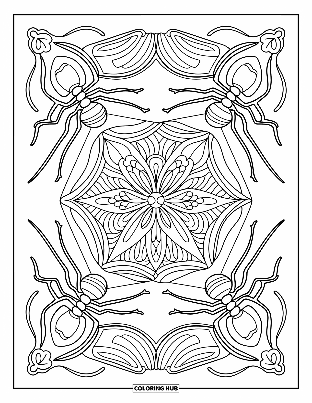 Ant Coloring Page for Adults: Ants form a frame around a beautifully detailed flower