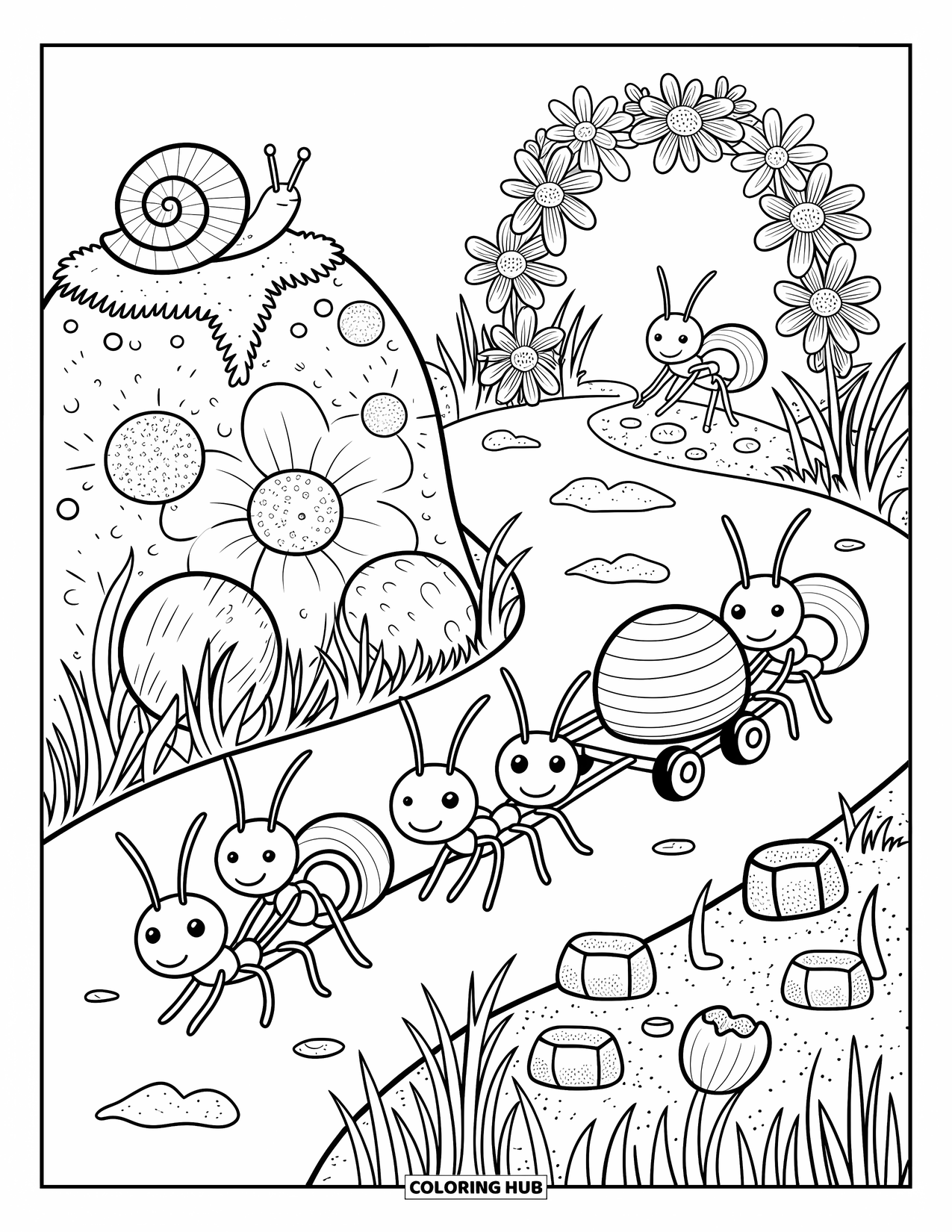 Ant Coloring Page for Adults: Ants journey through a meadow carrying sweet little finds
