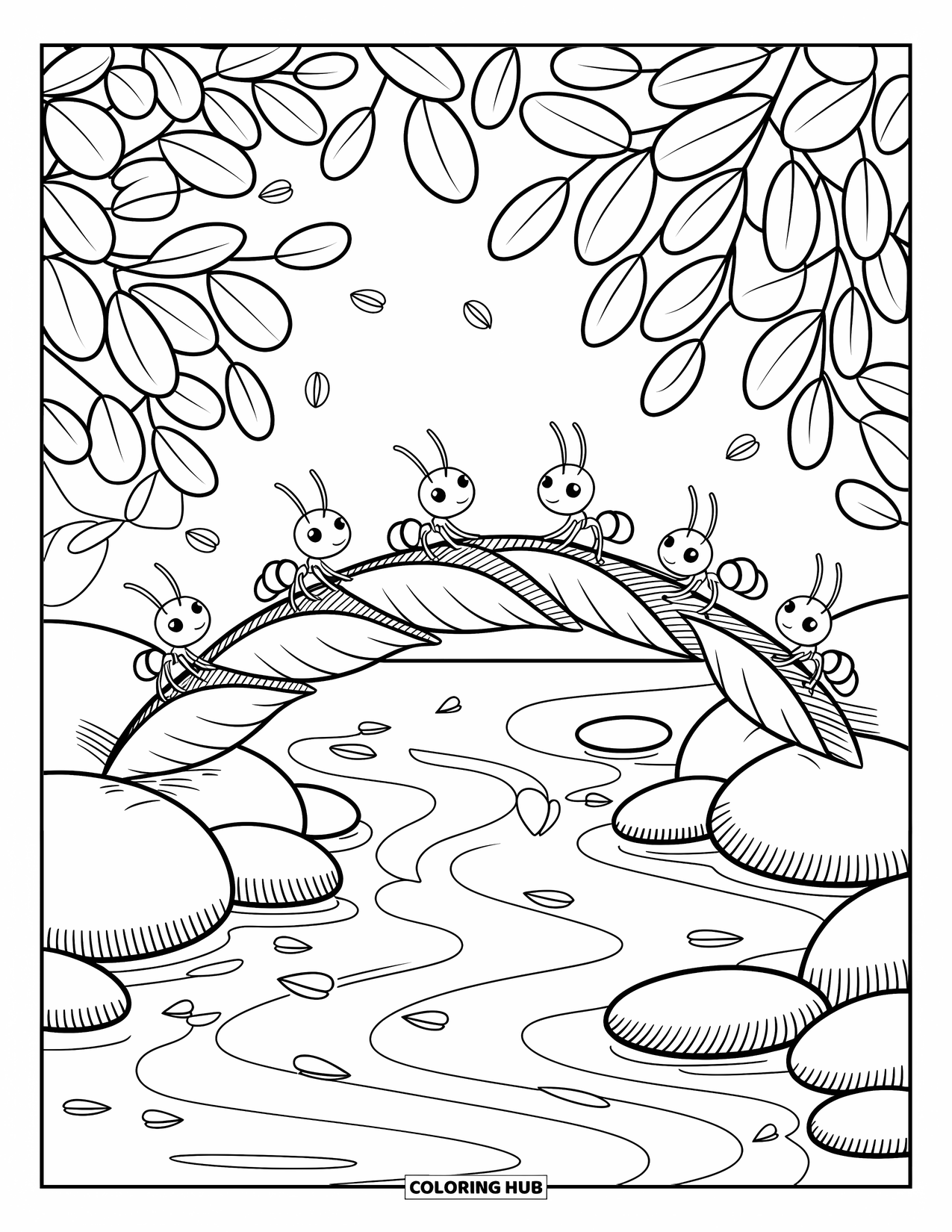 Ant Coloring Page for Adults: Ants work together to build a leaf bridge across a stream