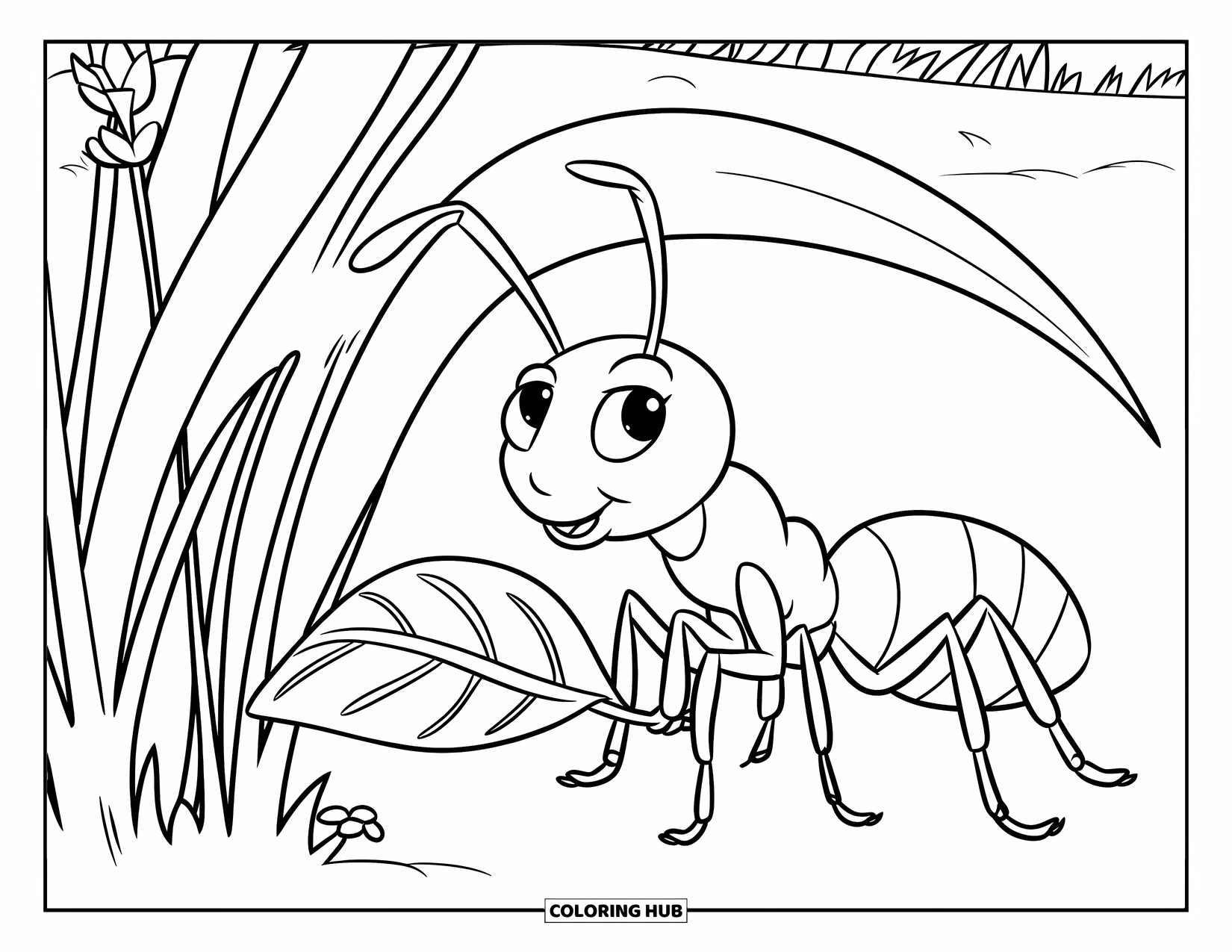 Ant Coloring Page for Kids: A big ant stands beside tall grass in a sunny field
