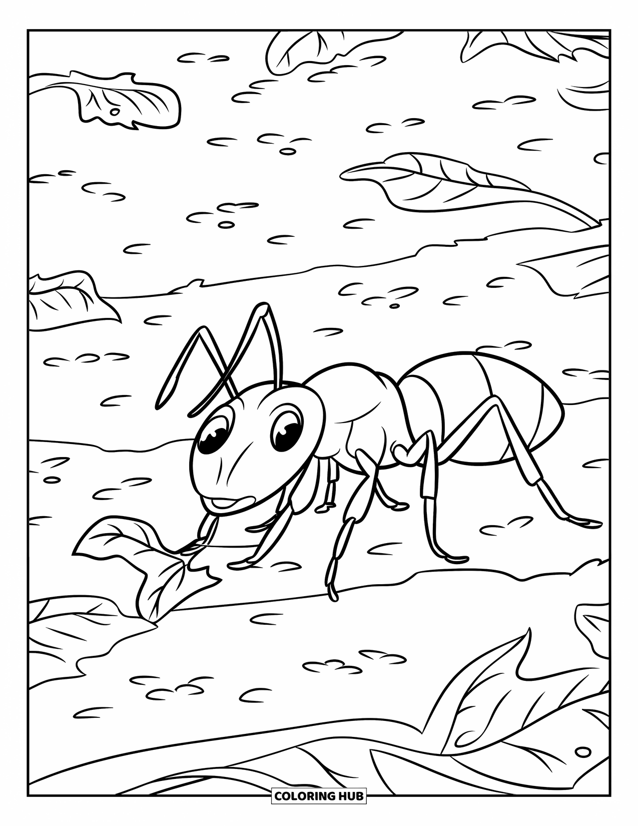 Ant Coloring Page for Kids: A curious ant explores mossy ground with fallen leaves