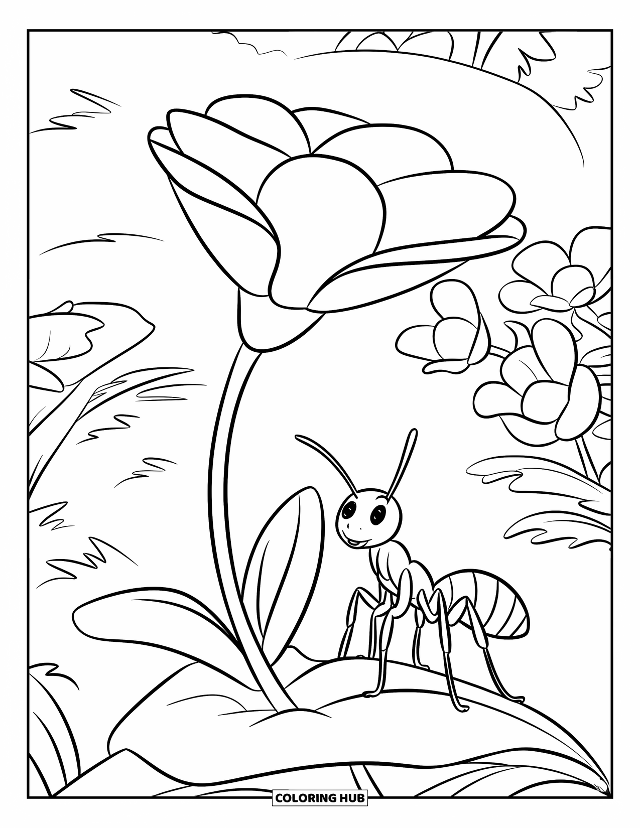 Ant Coloring Page for Kids: A small ant stands next to a flower twice its size