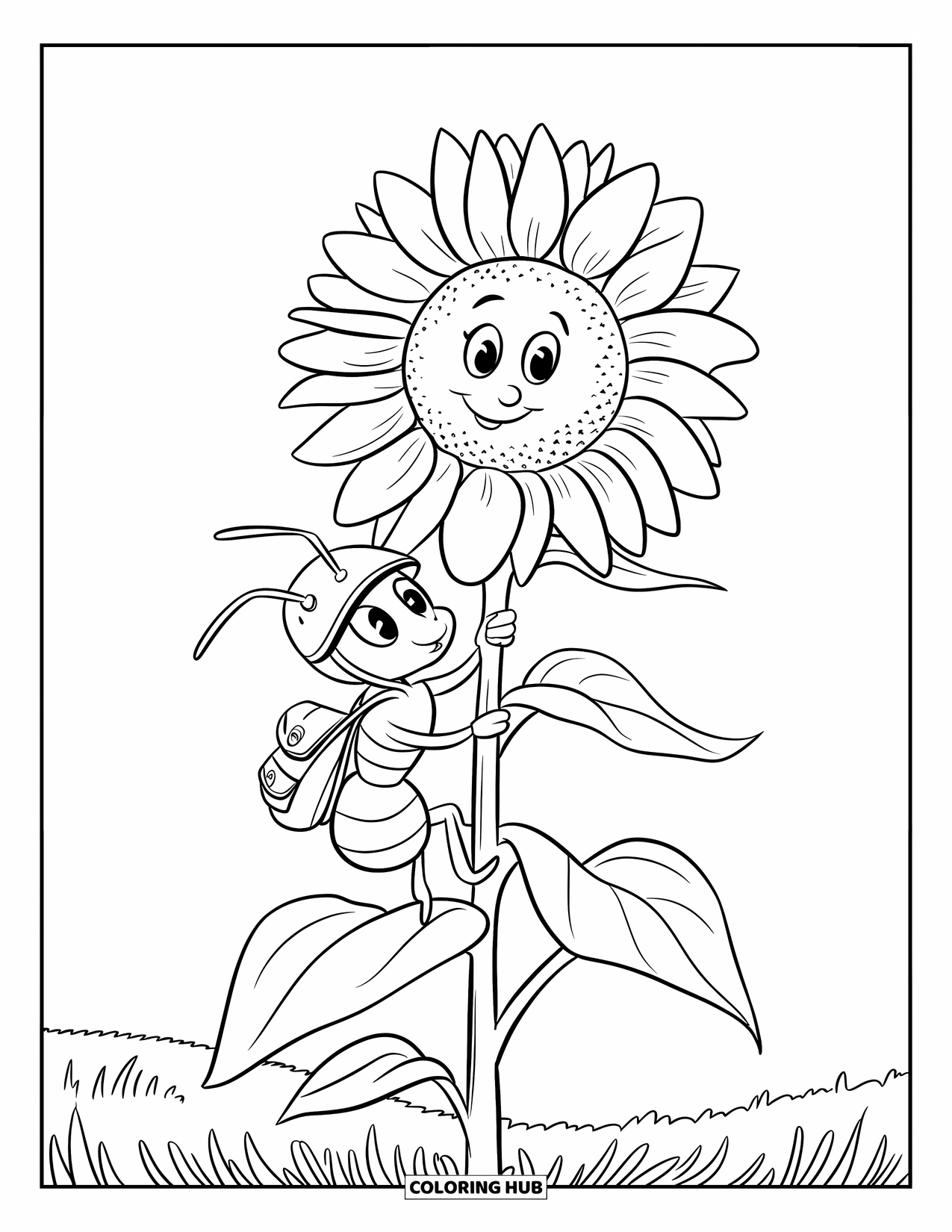 Ant Coloring Page for Kids: A tiny ant hikes up a smiling sunflower