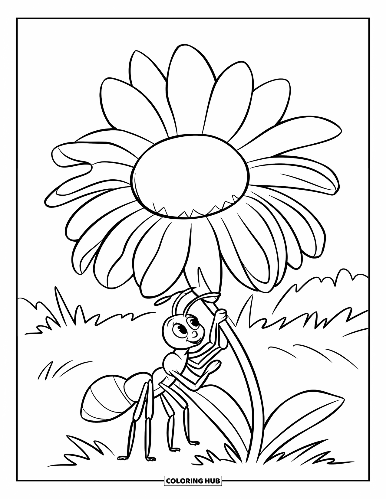Ant Coloring Page for Kids: An ant hugs a giant flower in a sunny field