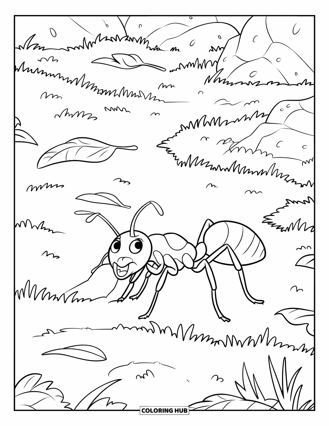 Ant Coloring Page for Kids: An ant wanders through moss and leaves with a leaf on its back