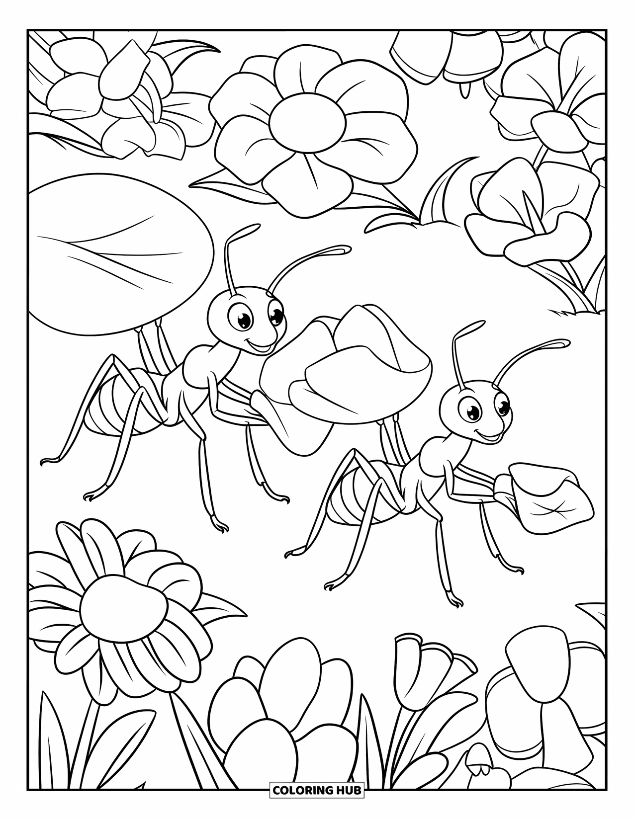 Ant Coloring Page for Kids: Ants carry petals through a garden filled with flowers