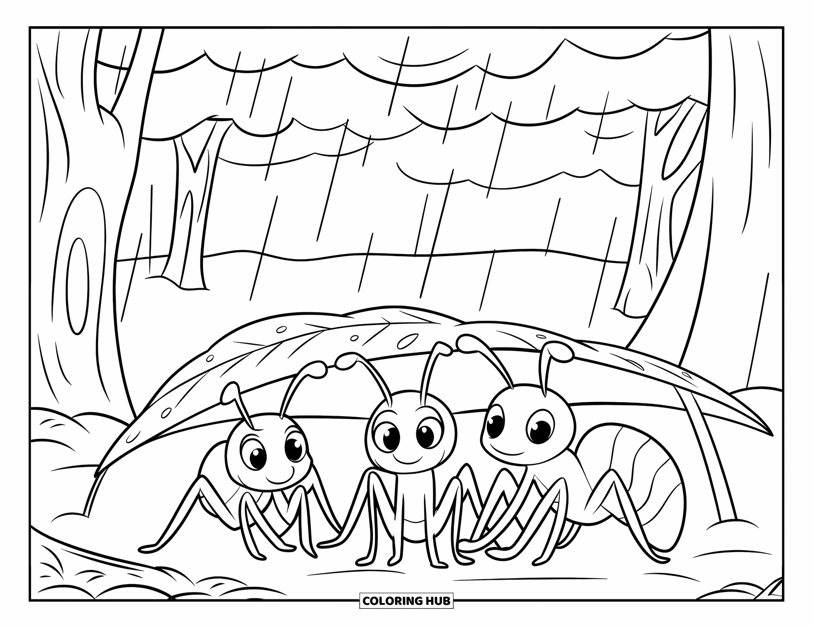 Ant Coloring Page for Kids: Ants take cover under a leaf in a forest rainstorm