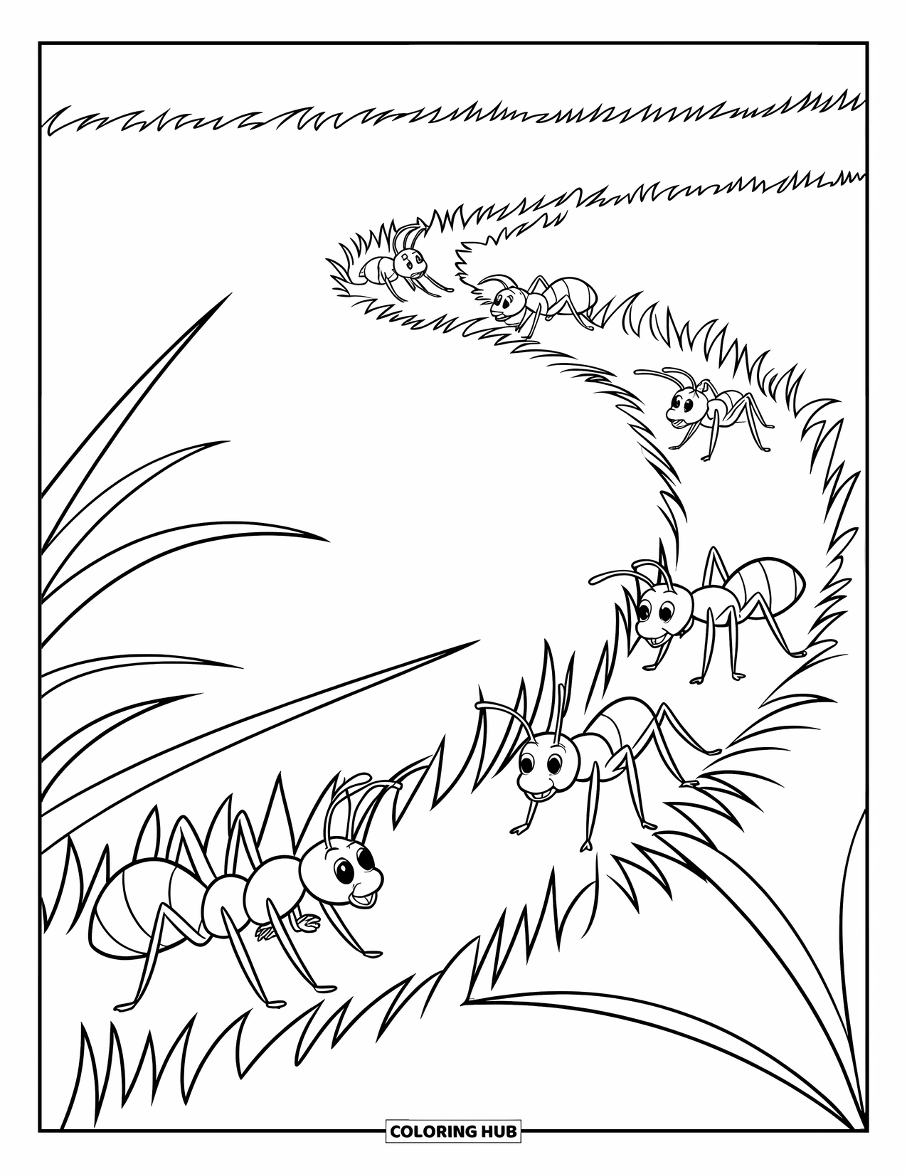 Ant Coloring Page for Kids: Four ants stroll under curving grass blades