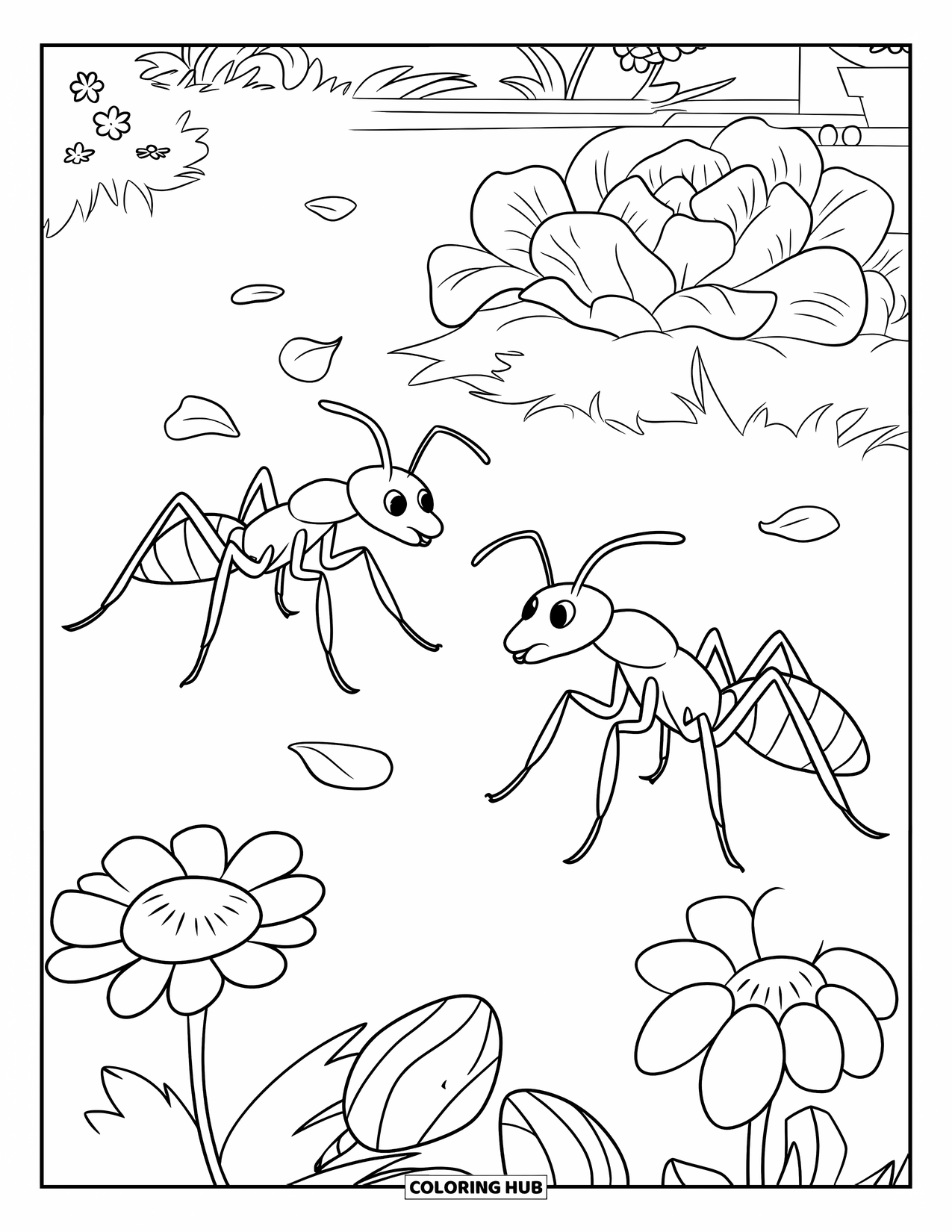 Ant Coloring Page for Kids: In a flower garden, ants carry colorful petals on a petal path