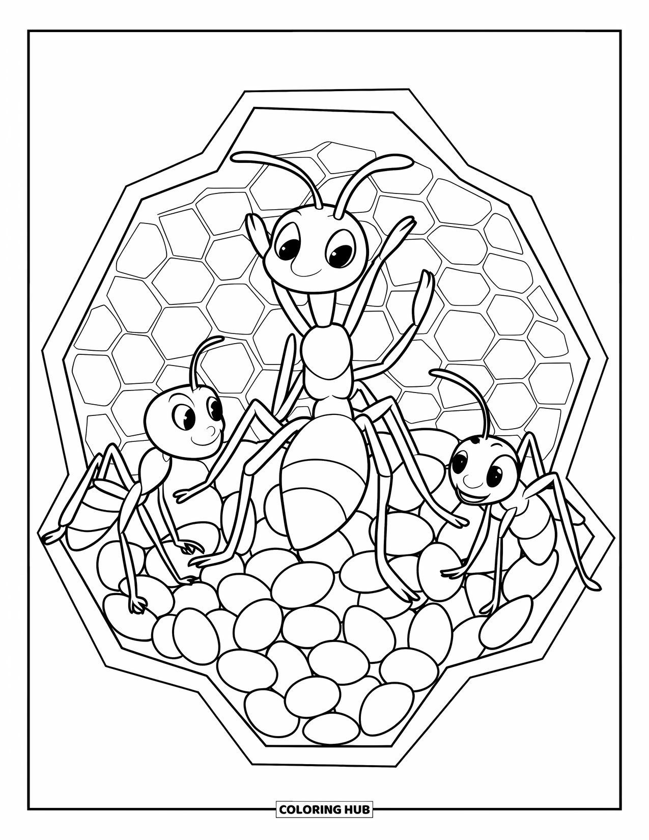 Ant Coloring Page for Kids: Inside the nest, a queen ant is tended by three worker ants