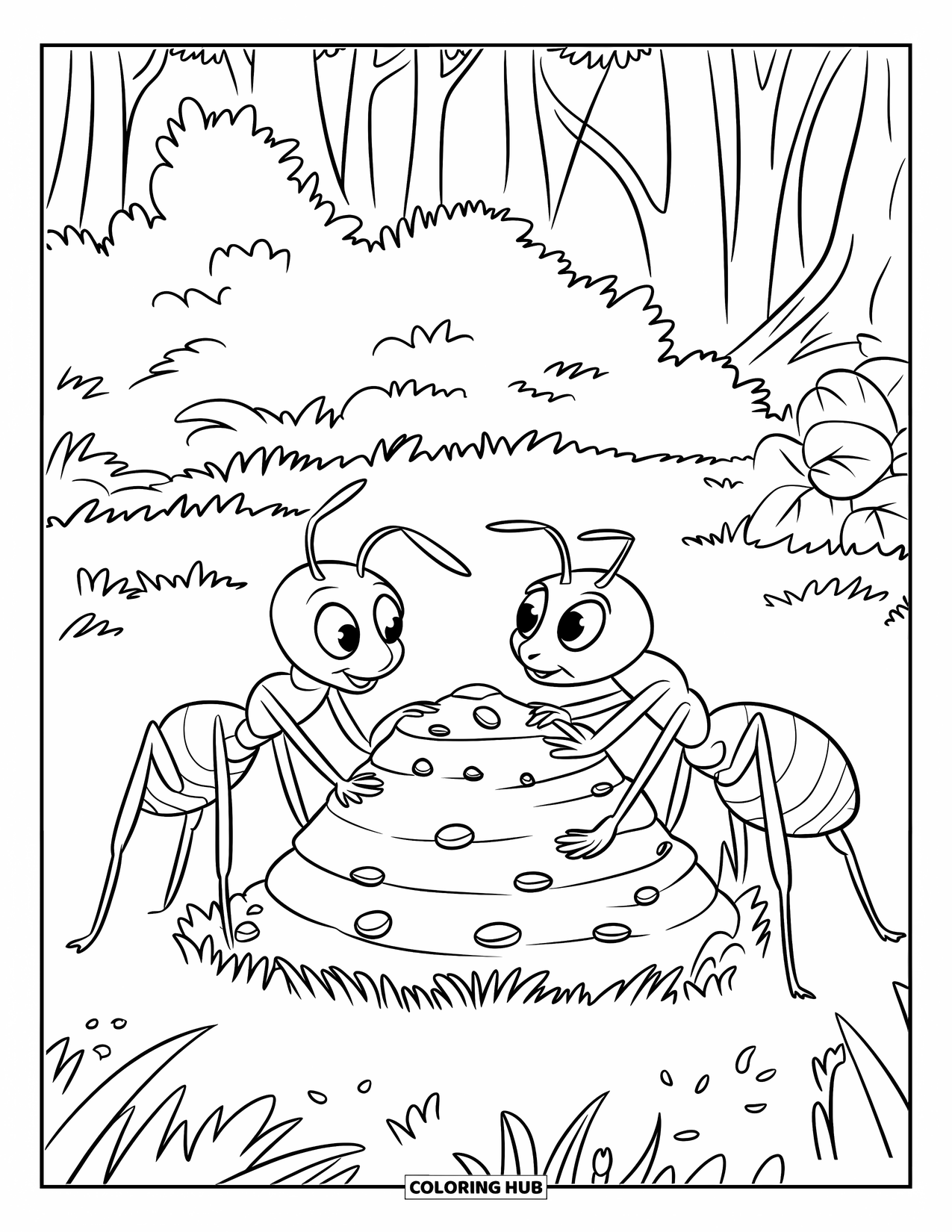 Ant Coloring Page for Kids: Two ants work together building their earthy anthill