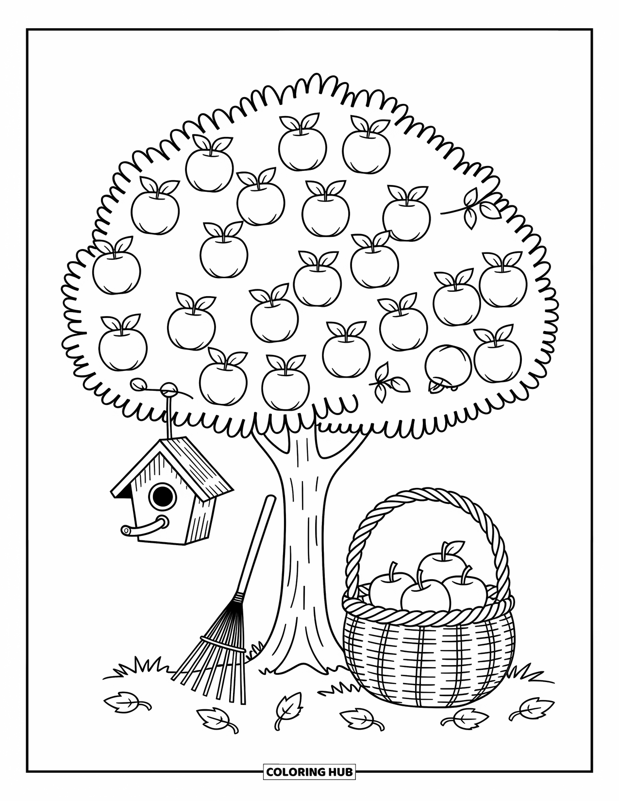 Apple Tree Coloring Page for Adults: A cozy apple tree with a basket, rake, birdhouse, and softly falling leaves