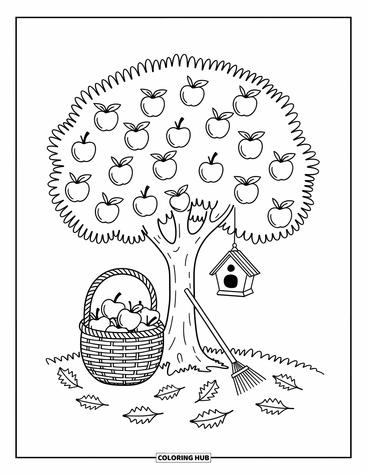 Apple Tree Coloring Page for Adults: A cute apple tree with a basket, rake, and birdhouse on soft meadow grass