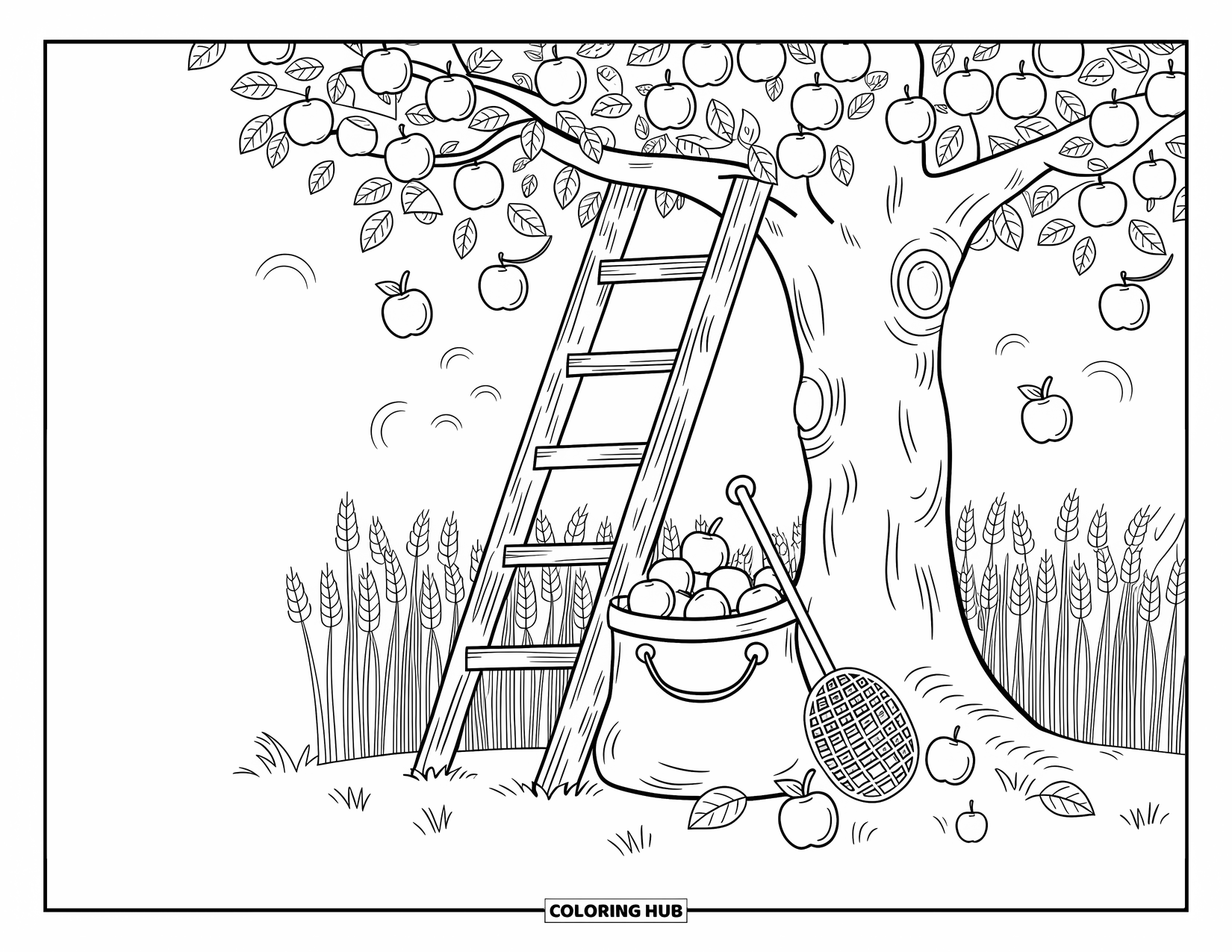 Apple Tree Coloring Page for Adults: A full apple tree with falling fruit, a ladder, and a bag on golden wheat