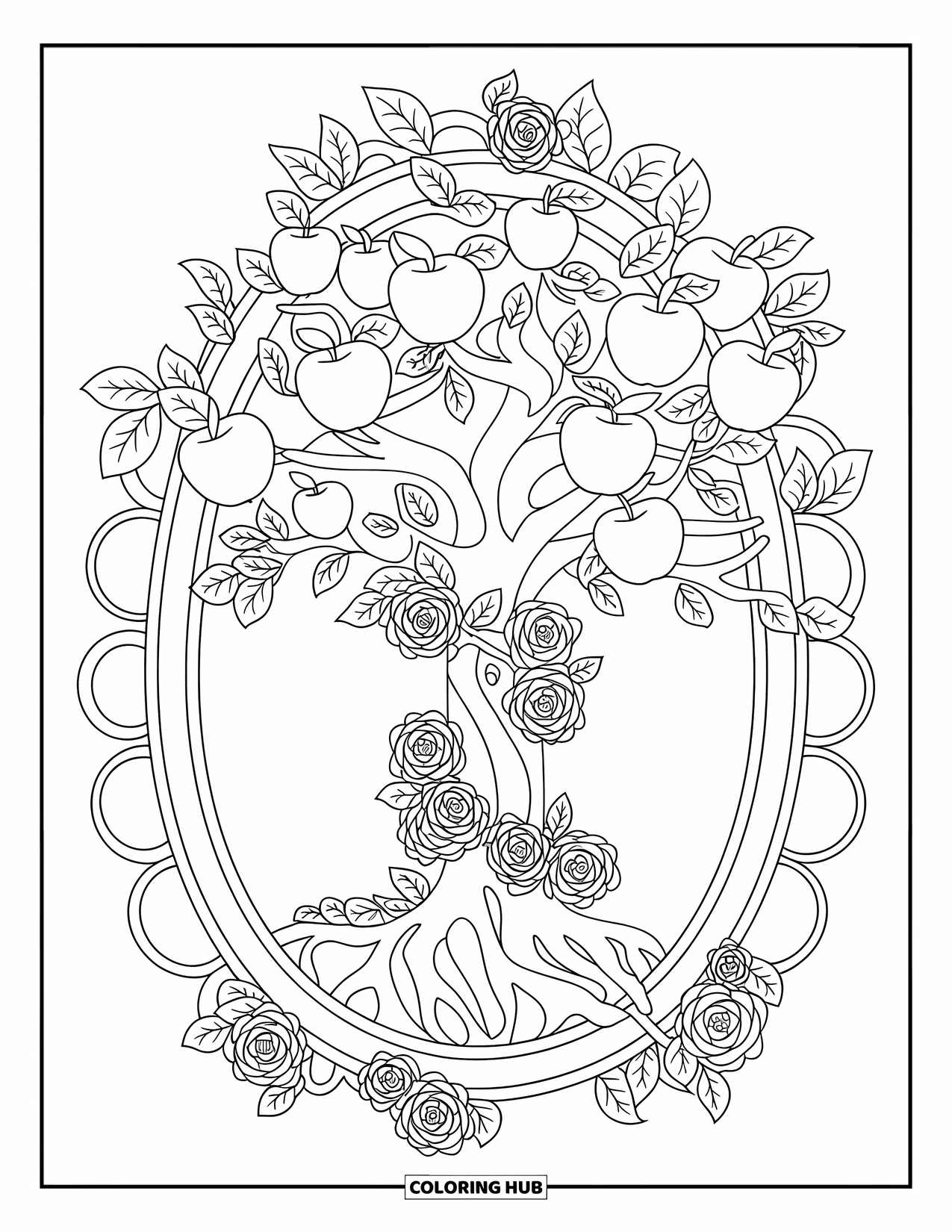 Apple Tree Coloring Page for Adults: A tall apple tree with vines and roses framed by a mandala on white