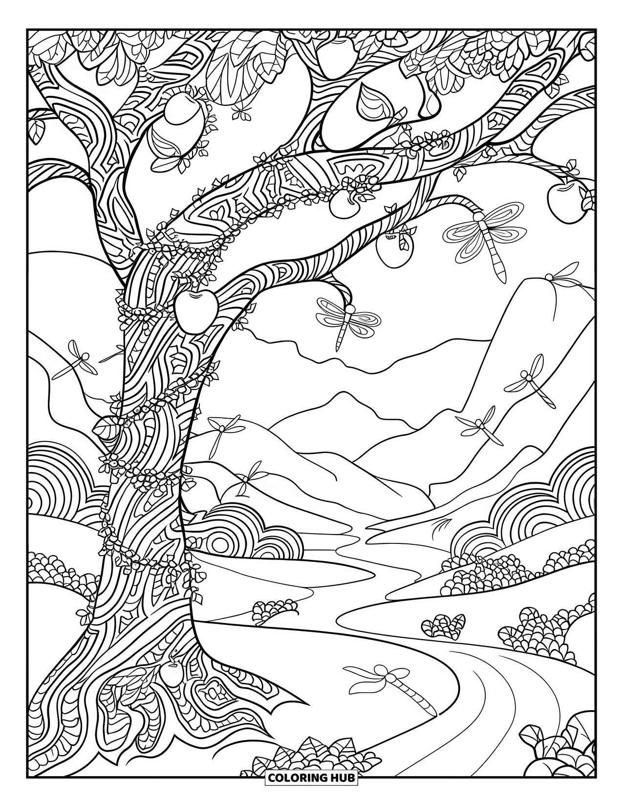 Apple Tree Coloring Page for Adults: A tree with ivy and dragonflies in a mandala design near mountains and a river