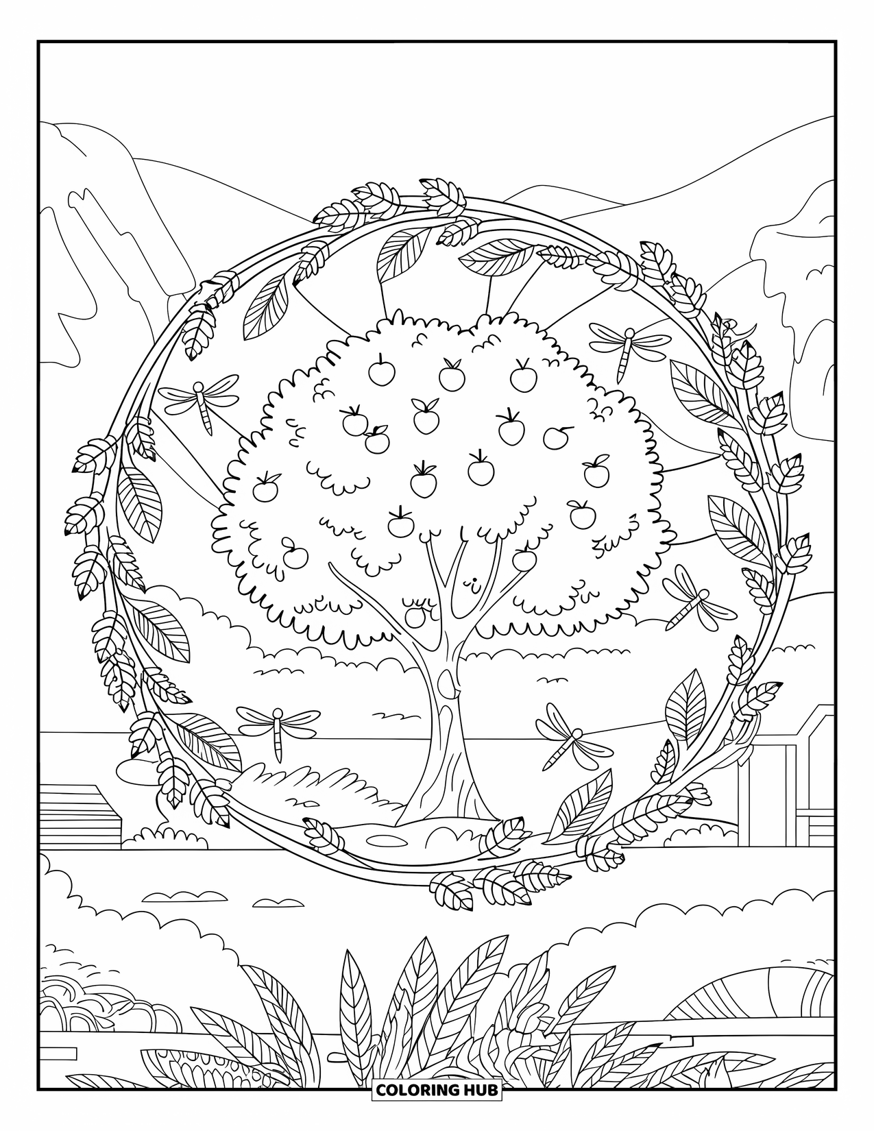 Apple Tree Coloring Page for Adults: A tree wrapped in ivy, dragonflies, and apples set in a circular mandala frame