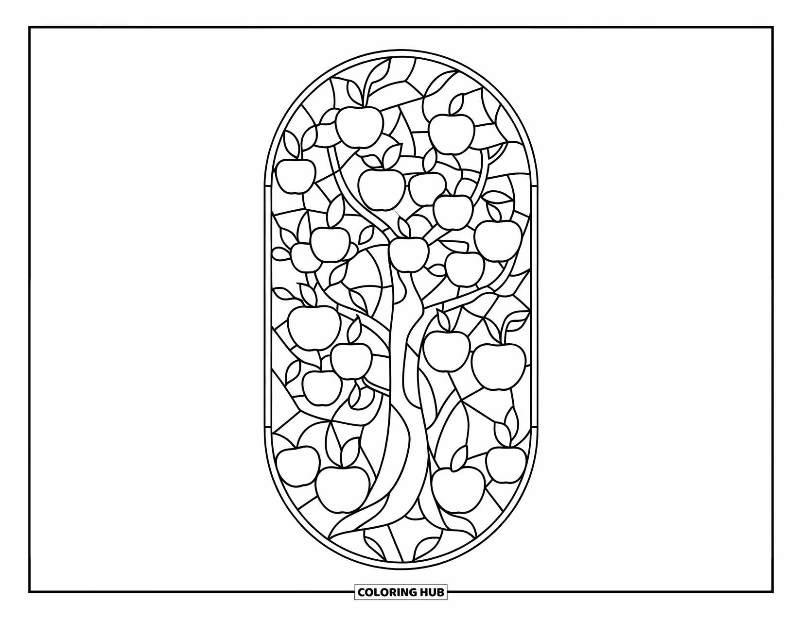 Apple Tree Coloring Page for Adults: An apple tree framed in stained glass with falling apples and swirling leaves