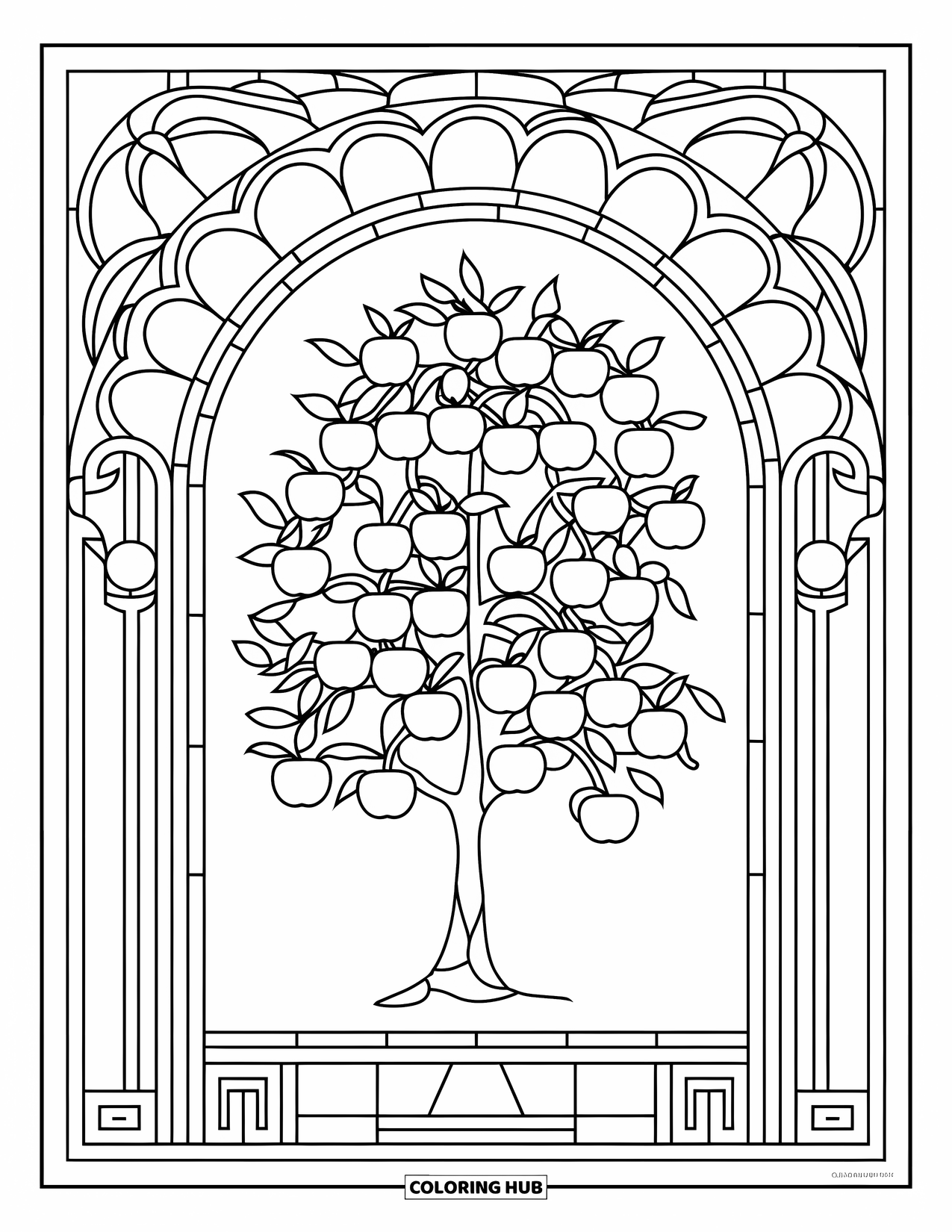 Apple Tree Coloring Page for Adults: An apple tree surrounded by patterns in a stained-glass style border