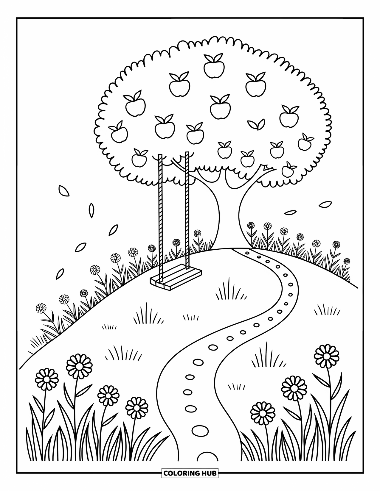Apple Tree Coloring Page for Adults: An apple tree with a swing crowns a hill with flowers and falling petals