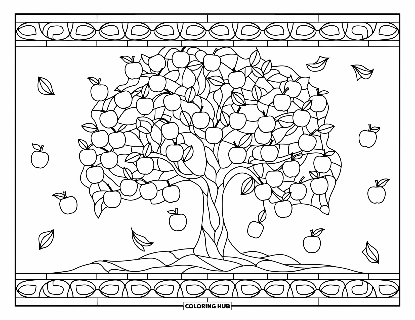Apple Tree Coloring Page for Adults: An apple tree with apples and leaves inside a decorative stained-glass border