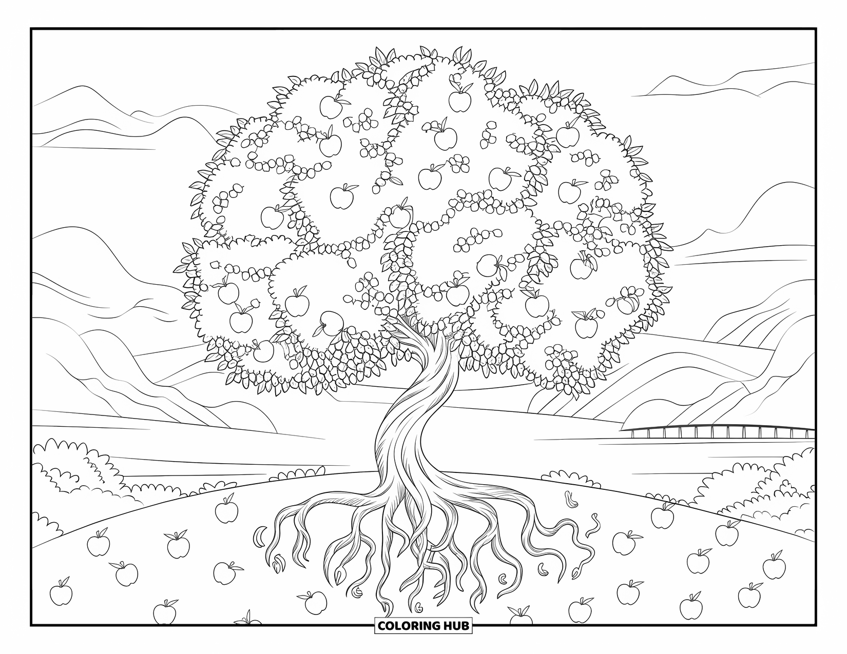 Apple Tree Coloring Page for Adults: An apple tree with curled roots, scattered apples, and a peaceful mountain view