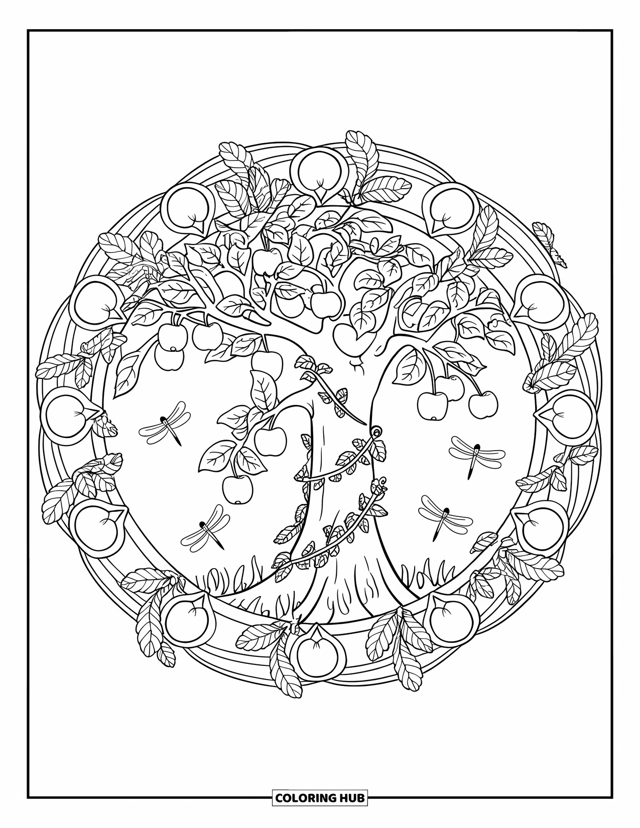 Apple Tree Coloring Page for Adults: An apple tree with ivy, apples, and dragonflies inside a mandala layout