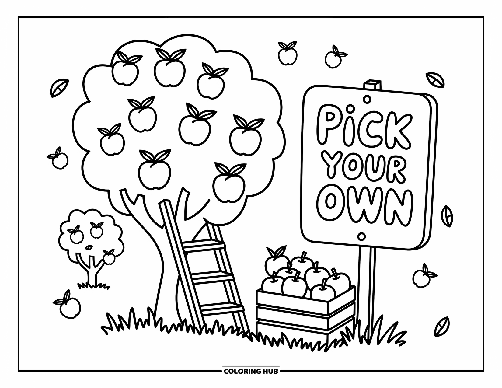 Apple Tree Coloring Page for Adults: An orchard tree with apples, a ladder, a sign, and softly floating leaves