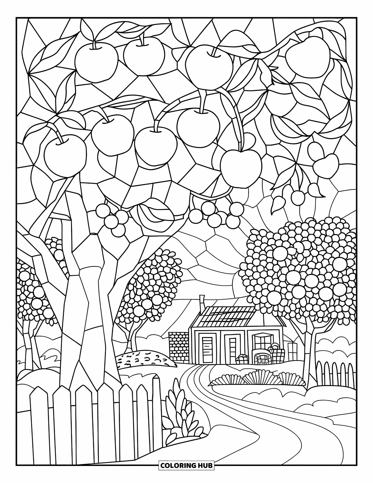 Apple Tree Coloring Page for Adults: Fruit trees outlined in stained glass beside a cottage, fence, and winding path