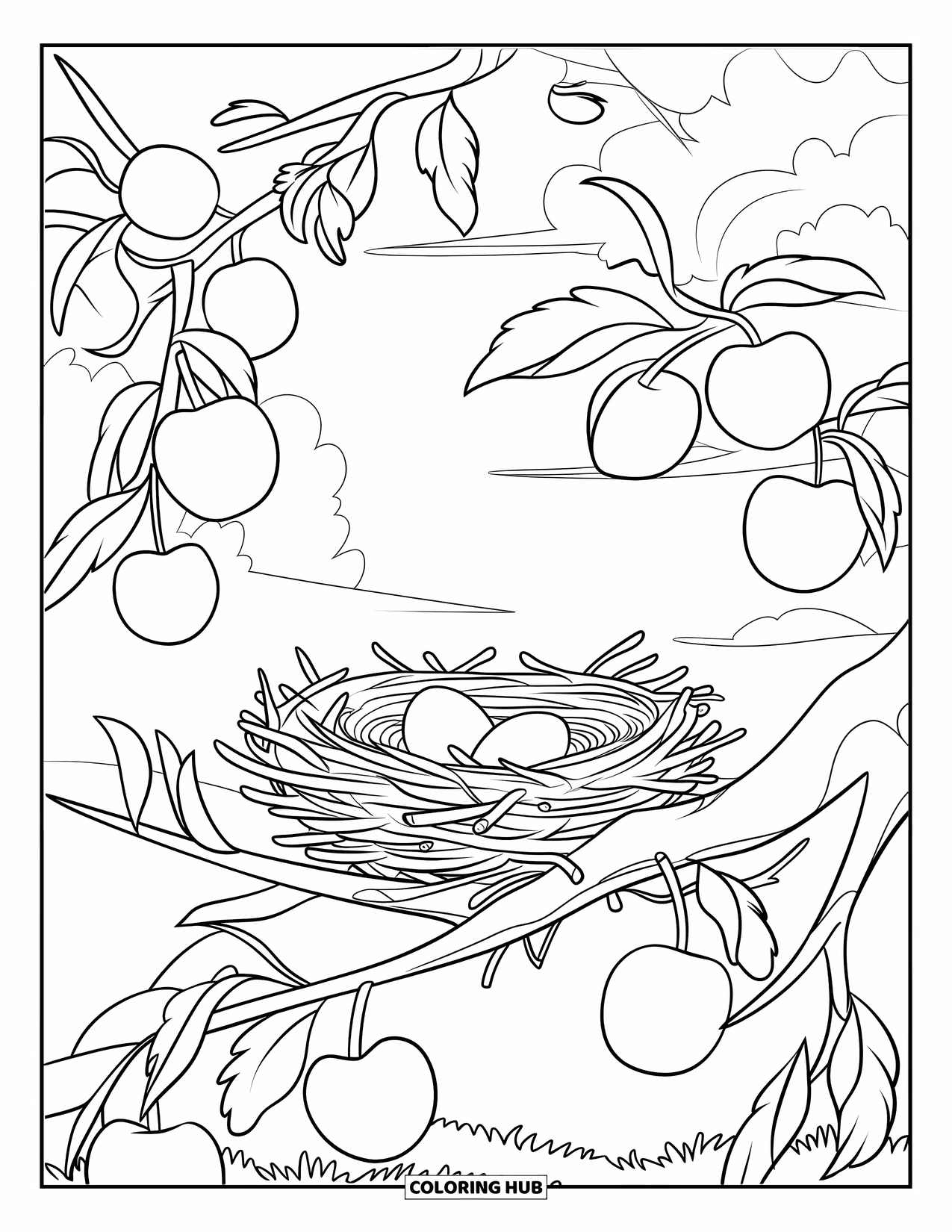 Apple Tree Coloring Page for Kids: A cozy nest with eggs rests high in an apple tree beneath a soft sky