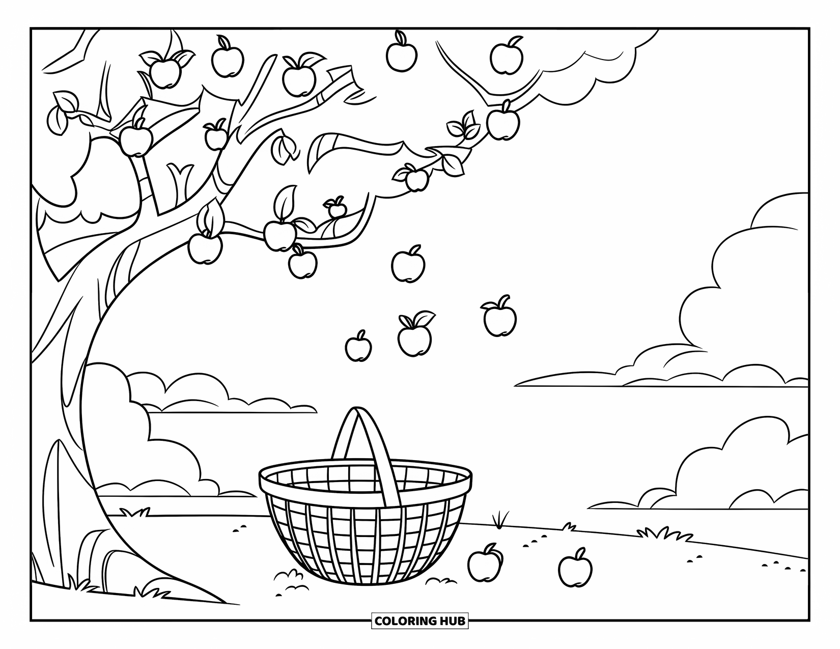 Apple Tree Coloring Page for Kids: A few apples fall into a basket sitting under a leafy apple tree