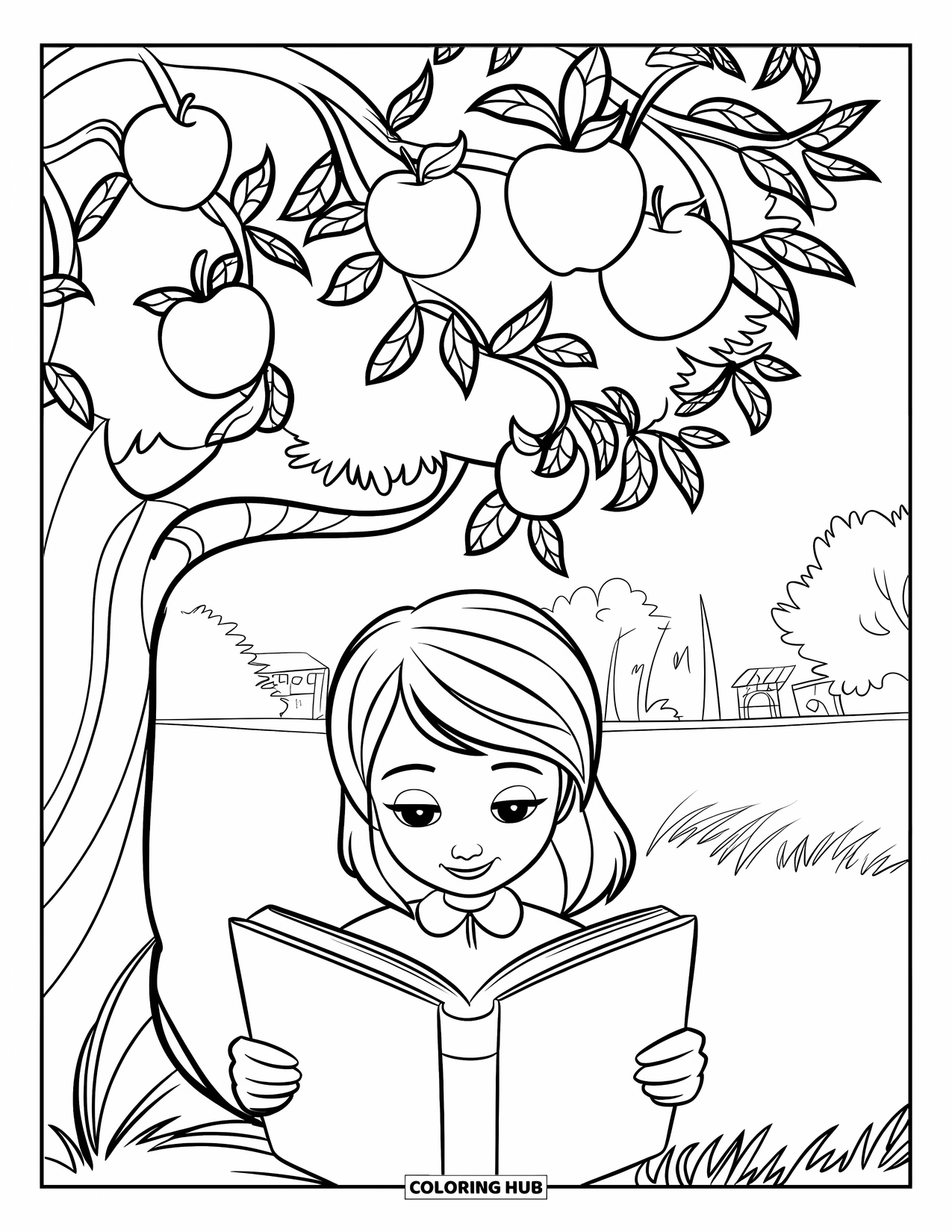 Apple Tree Coloring Page for Kids: A girl reads peacefully under a tree near distant buildings and green grass