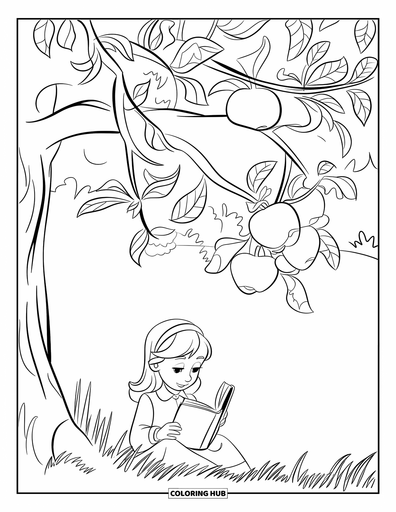 Apple Tree Coloring Page for Kids: A girl reads under an apple tree in a quiet grassy field