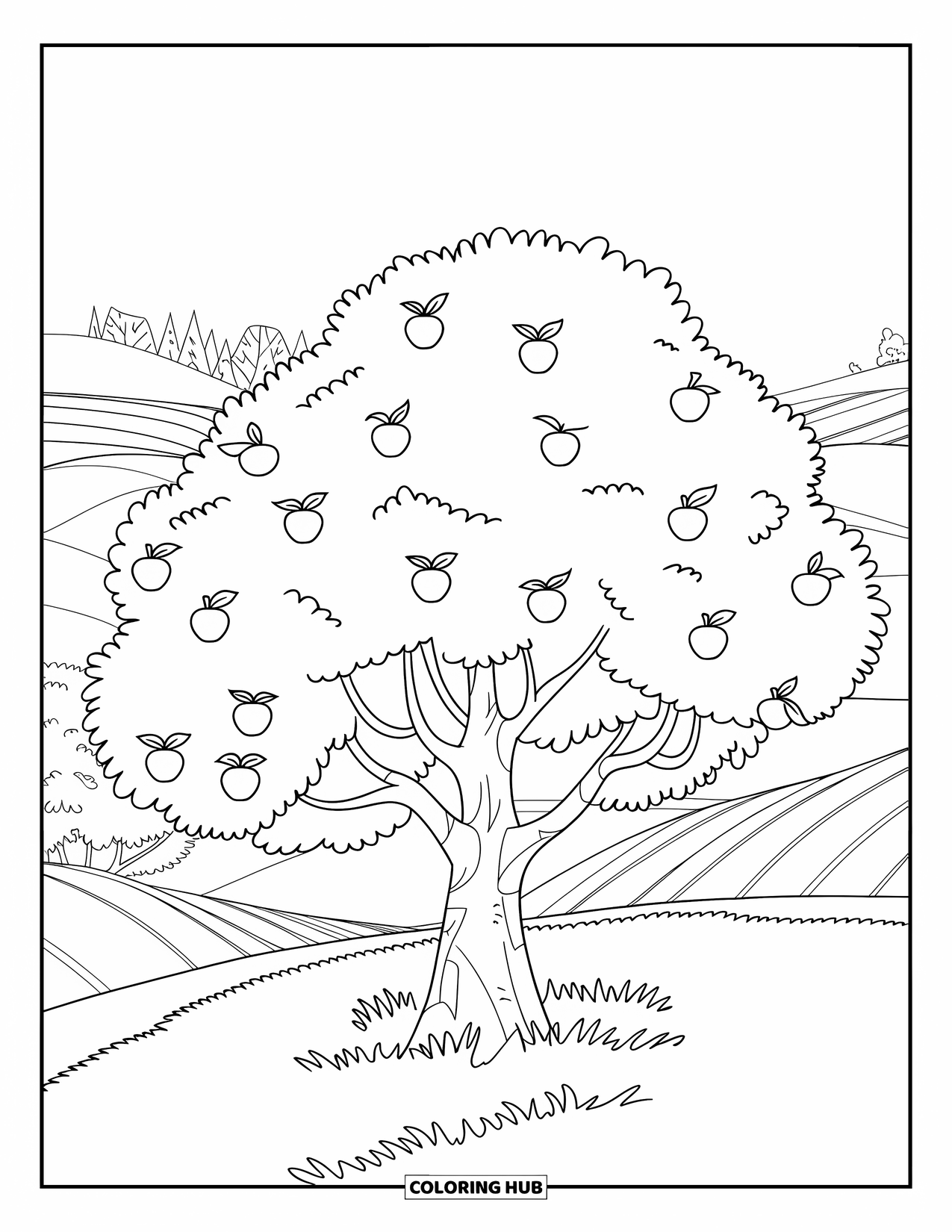 Apple Tree Coloring Page for Kids: A peaceful orchard with a path winding through hills and apple trees