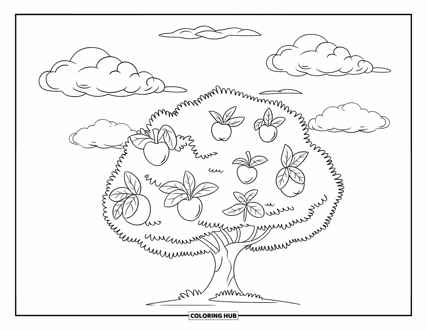 Apple Tree Coloring Page for Kids: A short apple tree grows under fluffy clouds on a calm, clear day