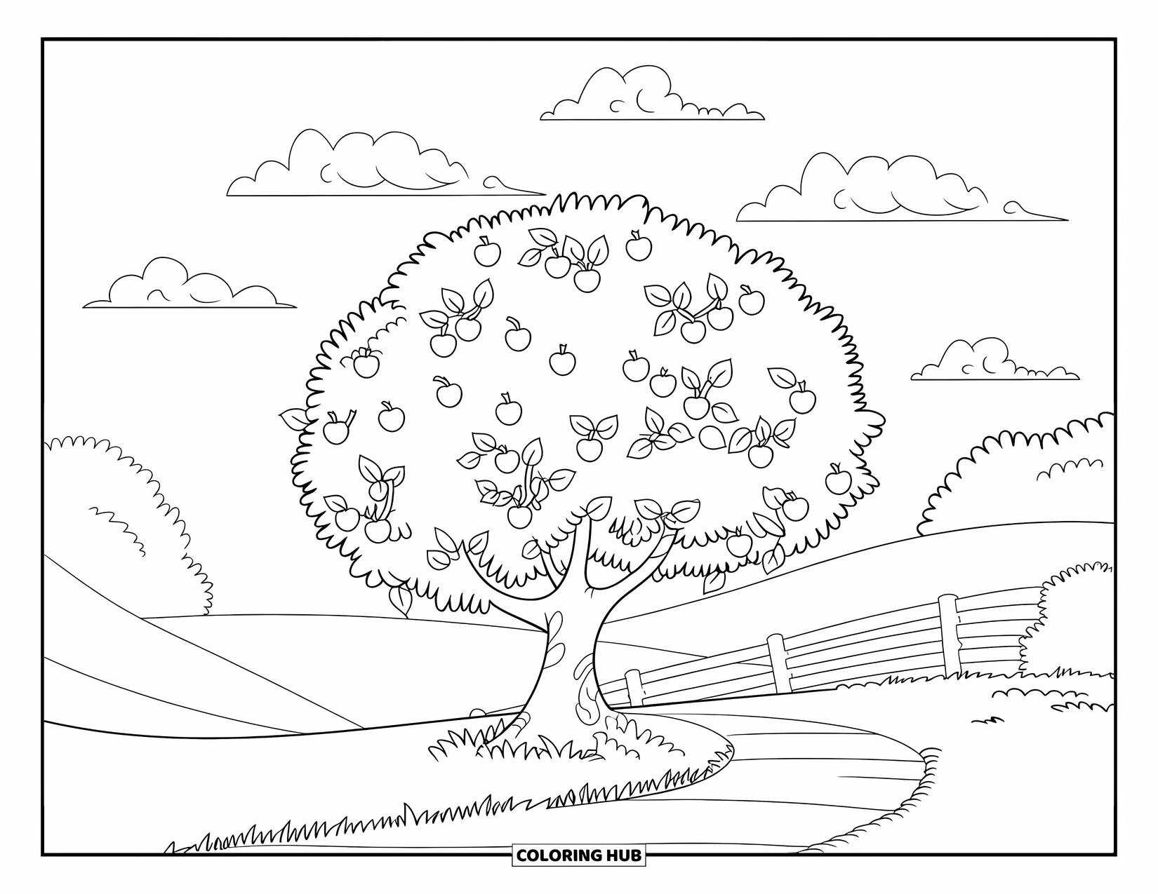 Apple Tree Coloring Page for Kids: A short apple tree with big leaves grows near a fence and hills